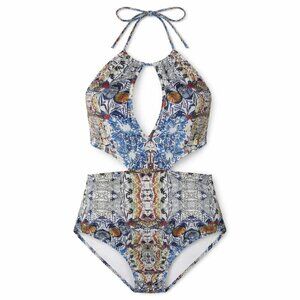 NWT BEACH JOY BIKINI Halter Colorful Print One-Piece Swimsuit Size Large